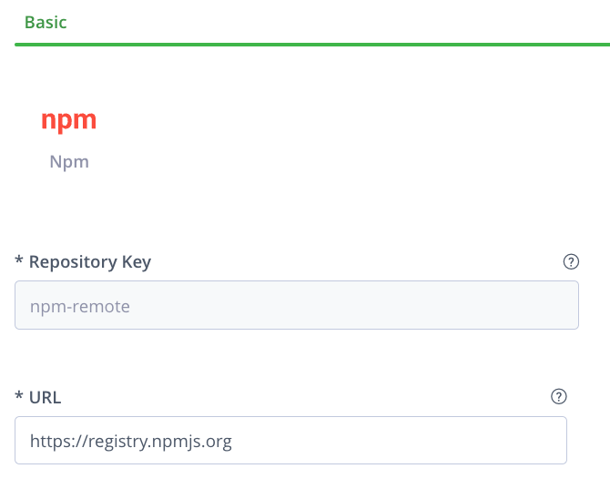 Completed JFrog Artifactory Basic tab configuration for npmjs.org remote repository showing Repository Key set to npm-remote and URL set to https://registry.npmjs.org
